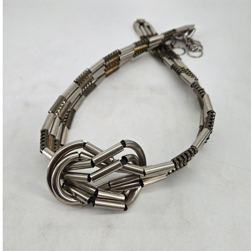Vtg 80s Metal Tube Belt Silver & Gold Toned Art Deco Knot Buckle Boho Chain Link